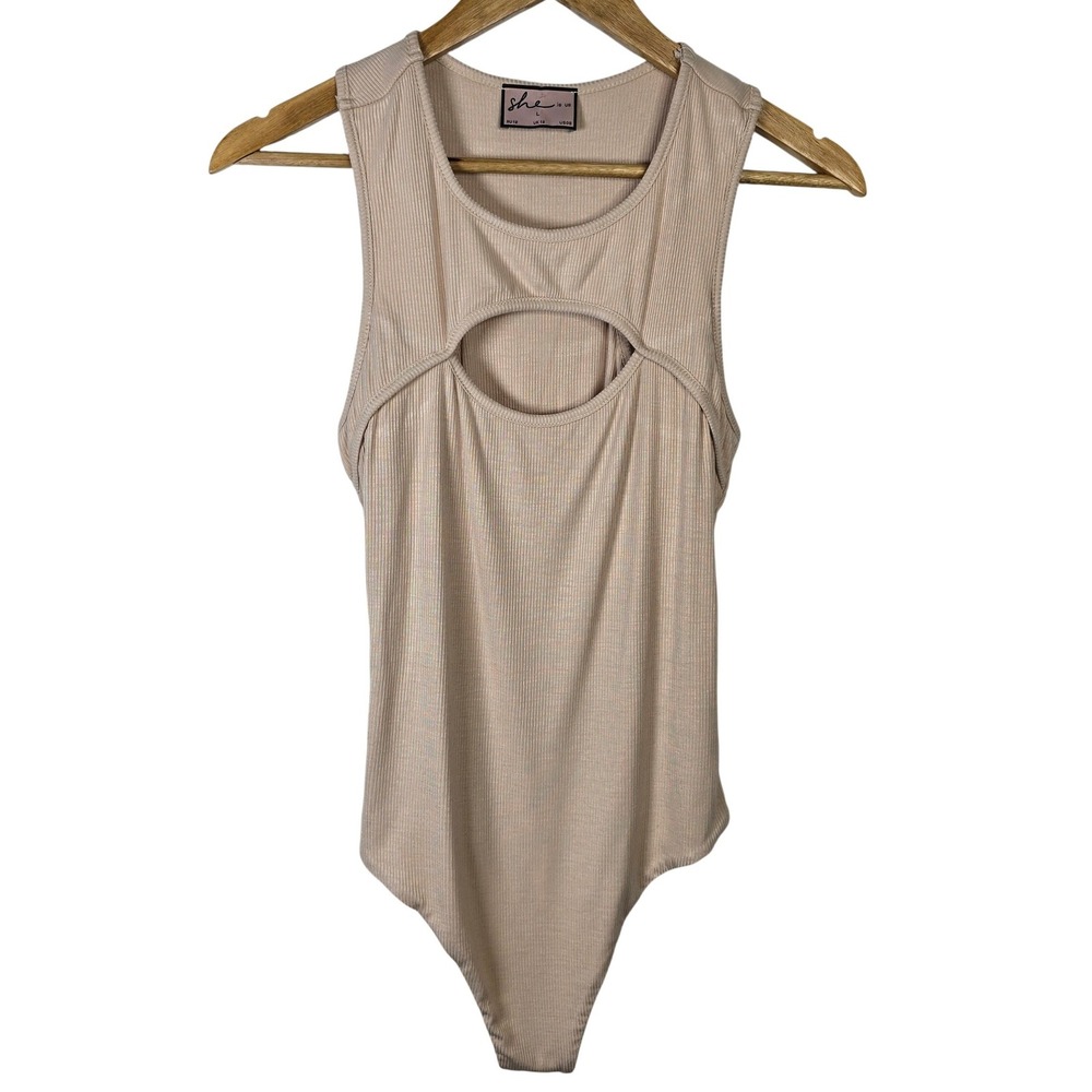 SHE IS US Ribbed Cutout Tank Bodysuit Nude Beige‎ Racerback Large